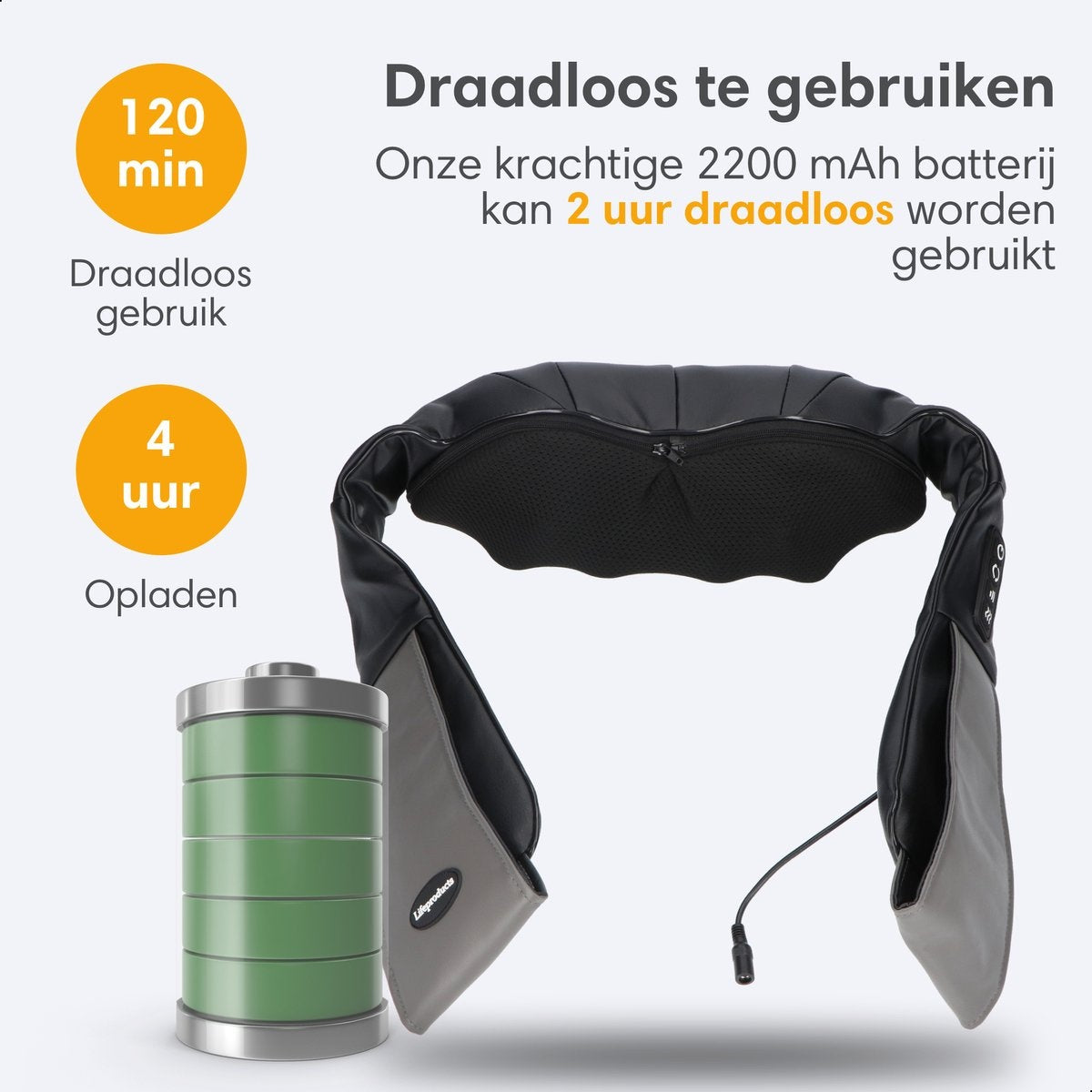 Lifeproducts - Shiatsu-Massagekissen - Nacken- und Rückenmassagegerät - Wärmefunktion - Kabellos - Schwarz