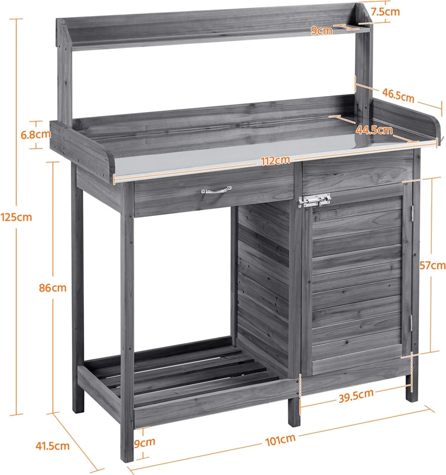 Yaheetech Blumentisch Gartentisch - 101 x 46,5 x 125 cm - Ausgestattet mit verzinkter Metallarbeitsplatte und 3 Seitenhaken und abnehmbaren Seitenwänden - Für Garten und Balkon - Graue Fichte und Metall