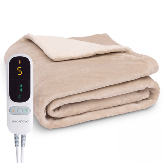 Seranova Heizdecke 3XL – Zusätzliche Heizdrähte – Premium-Modell – 200 x 180 cm – Heizdecke für zwei Personen – Beidseitiges Sherpa-Fleece – Beige