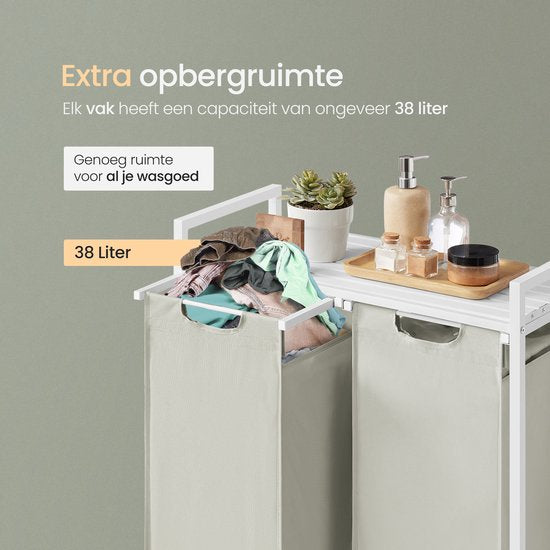 O'DADDY® Wäschekorb 2 Boxen - Ausziehbarer Wäschesortierer mit Regal - 76 Liter - 73 x 33 x 72 cm - Verstellbare Beine - Einfache Montage - Multifunktional und stilvoll - Metall - Weiß