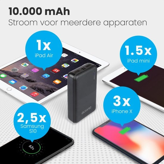 Auronic Powerbank - 10.000 mAh - 4 Anschlüsse - 2,4A USB/Micro-USB/USB-C - Inkl. Kabel - Schwarz