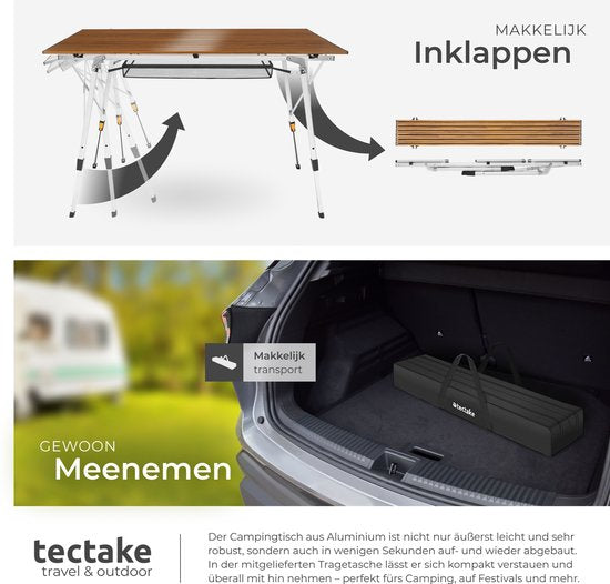 tectake® Campingtisch – 120 x 70,5 x 58–79 cm - Klapptisch aus Aluminium - Aufrollbare XXL-Tischplatte - Klapptisch - Reisetisch - Gartentisch - Wetterfest - Höhenverstellbar - Tragetasche - Zusammenklappbar - Holzoptik