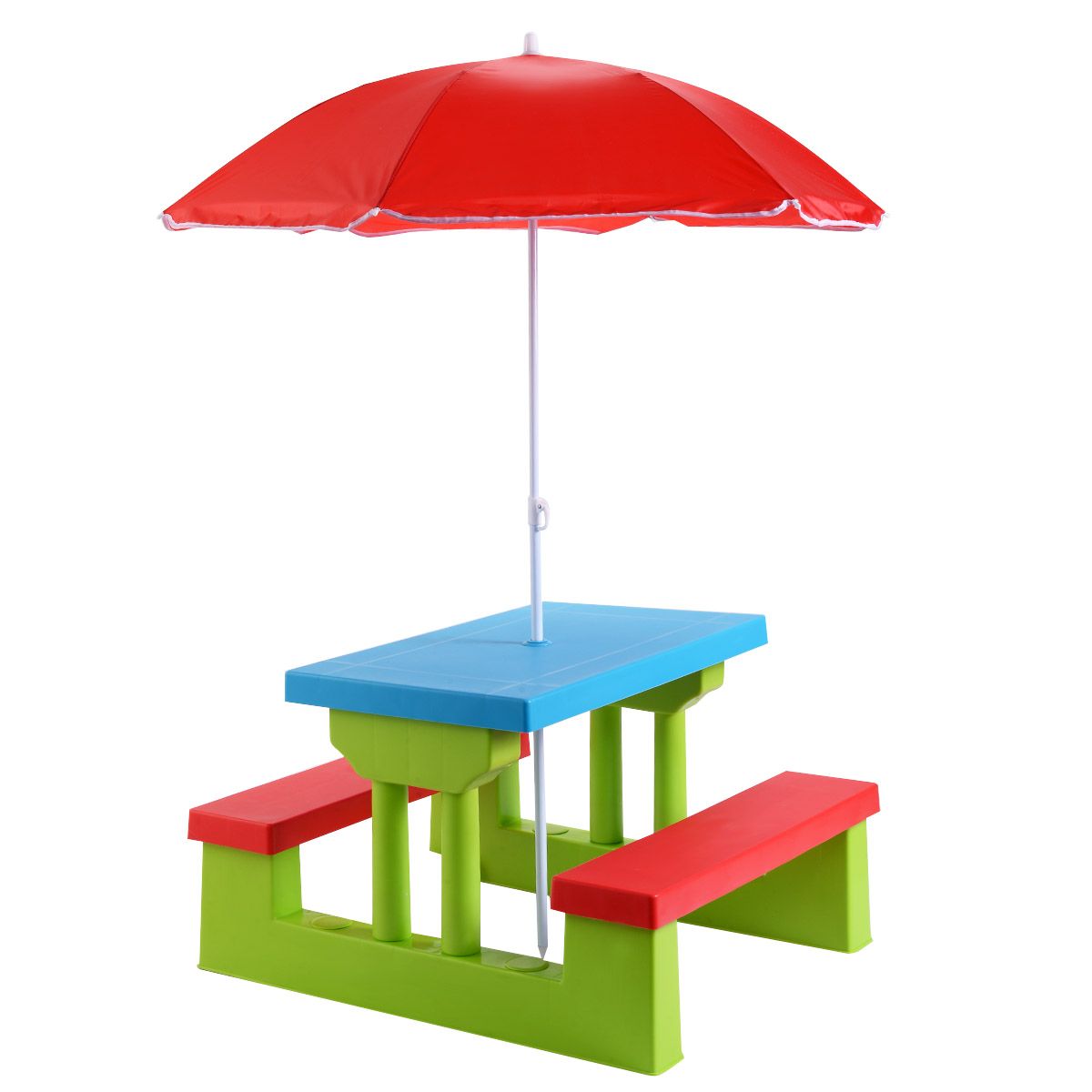Coast Picknicktisch für Kinder - Mit Sonnenschirm - 2 Bänke - Max. 50 kg - 67 x 41 x 47 cm - Rot / Blau / Grün