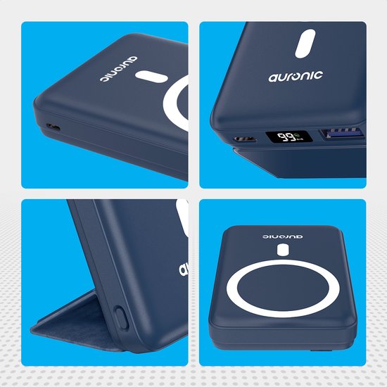 Auronic Powerbank - 10000 mAh - Geeignet für iPhone 12/13/14/15 und MagSafe - 22.5W - Kabelloses Laden - Blau