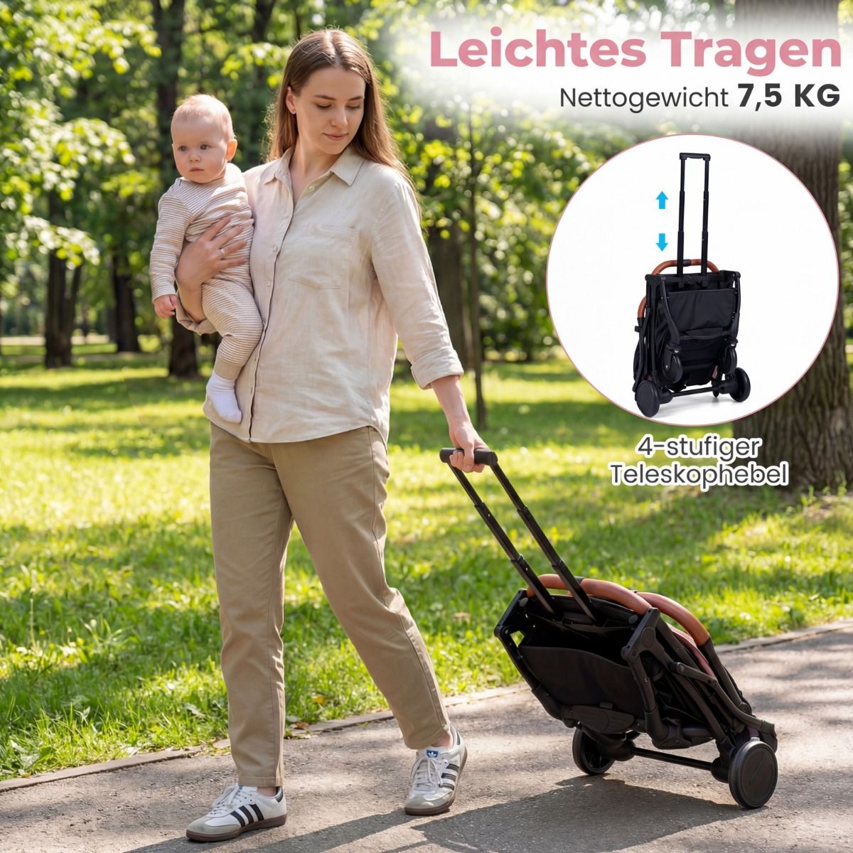 Coast Kinderwagen – zusammenklappbar – verstellbare Rückenlehne und Fußstütze – rosa