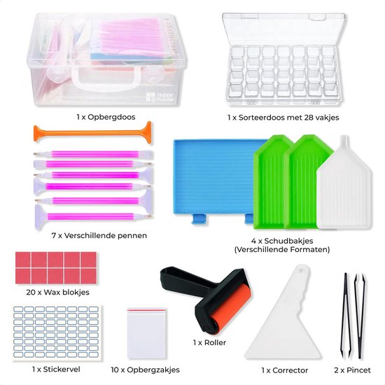 Happy Painter - Diamant-Malzubehör Erwachsene - Set 48-teilig - mit Walze 28 Fächer - Aufbewahrungsbox und Stift - Sortierbox - Perlenbox