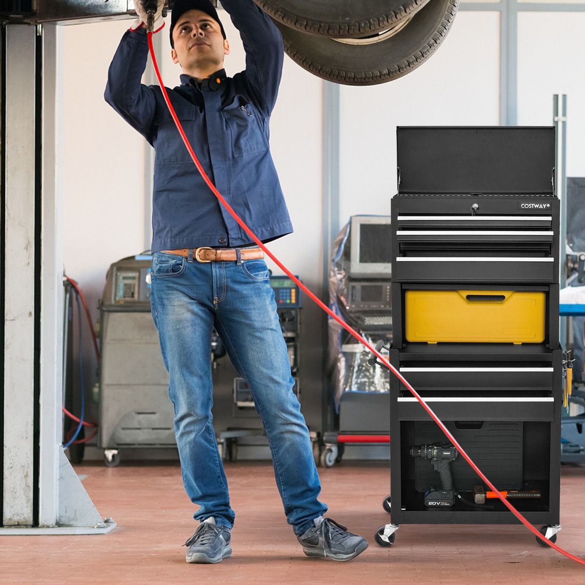 Coast Werkstattwagen mit Schubladen und herausnehmbarem Werkzeugkasten, schwarz, 61,5 x 33 x 132 cm, rollende abschließbare Aufbewahrungslösung