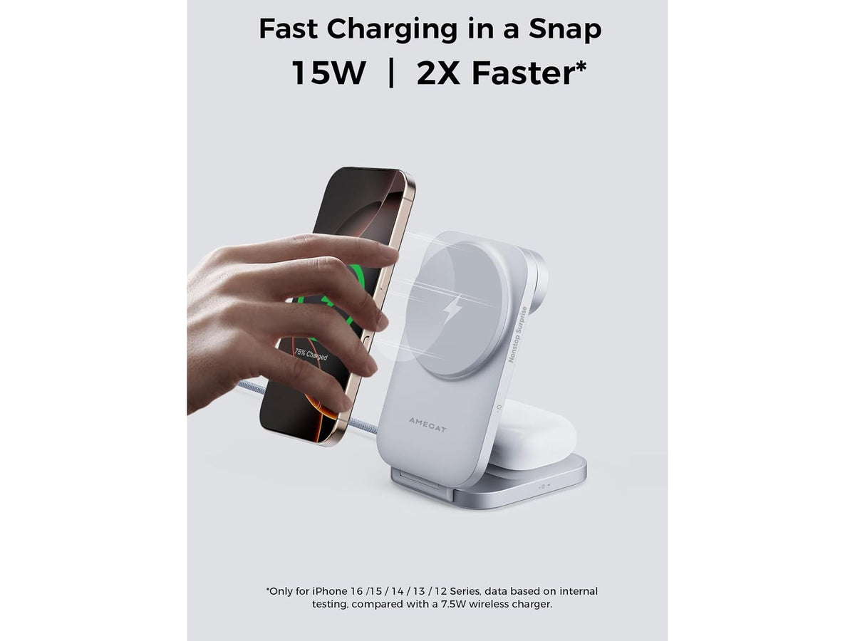 AMEGAT 3-in-1 MagFusion Z Ladestation – Qi2 – 15 W – MagSafe – zusammenklappbar – inklusive 30-W-Adapter