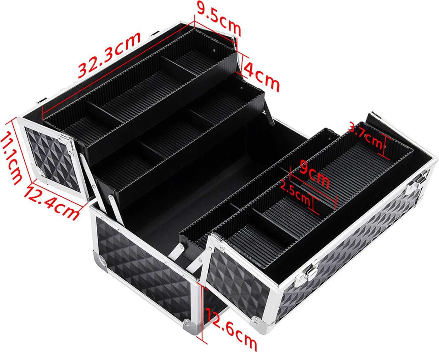 Yaheetech Schminkkoffer Beautycase - Mit 3 Schichten und verstellbaren Fächern und Schloss mit Schlüsseln - Für Kosmetiker und Friseure - Schwarzes Aluminium - 34,7 x 22,2 x 25 cm