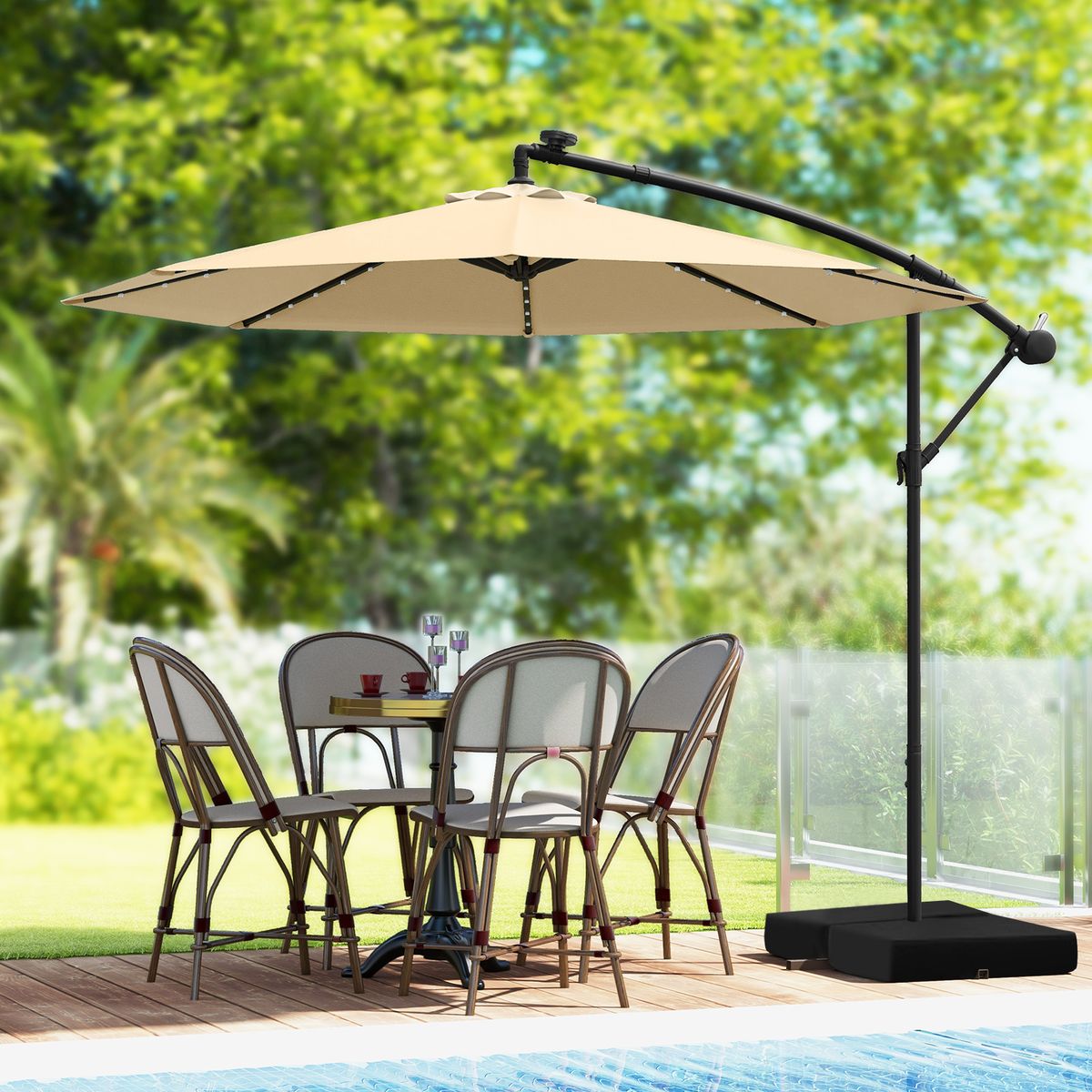 Coast Terrassenschirm mit solarbetriebener LED-Beleuchtung – verstellbarer Schwenkarm – beige – Ø 350 cm