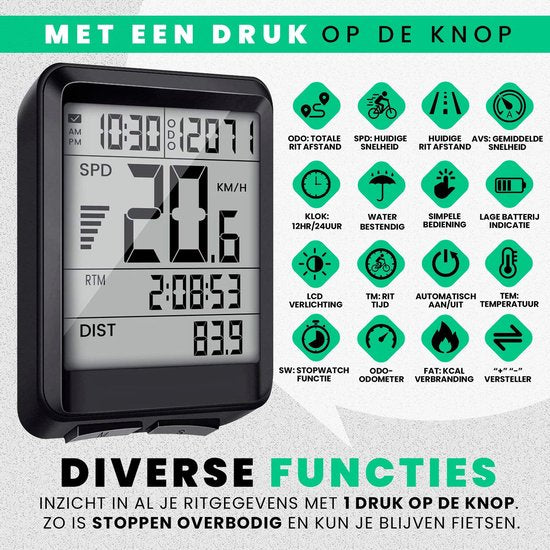 Strex Kabelloser Fahrradcomputer - 17 Funktionen - Extra großer Bildschirm - Kabelloser Fahrradcomputer Kabellos und wasserdicht - NL Manual