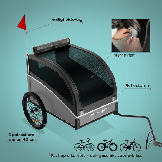 Trevopet® Hundefahrradanhänger - Faltbarer Fahrradanhänger Hund - Hundeanhänger - Geeignet für E-Bikes - Bis zu 40 kg - Für mittlere & große Hunde - Schwarz