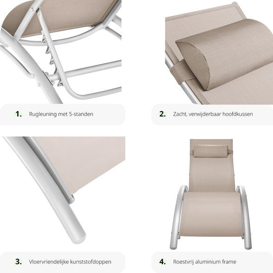 Tectake - 2er-Set Gartenliegen - Aluminium-Liegen - inkl. Kopfkissen - 5-fach verstellbare Rückenlehne - beige