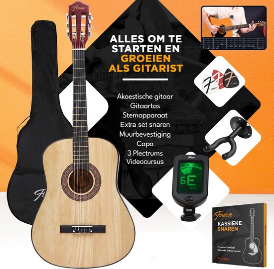 Finesse Akustikgitarre - mit Videokurs - Nylonsaiten - Klassische Gitarre - Spanische Gitarre - Kind - Erwachsene - Natur