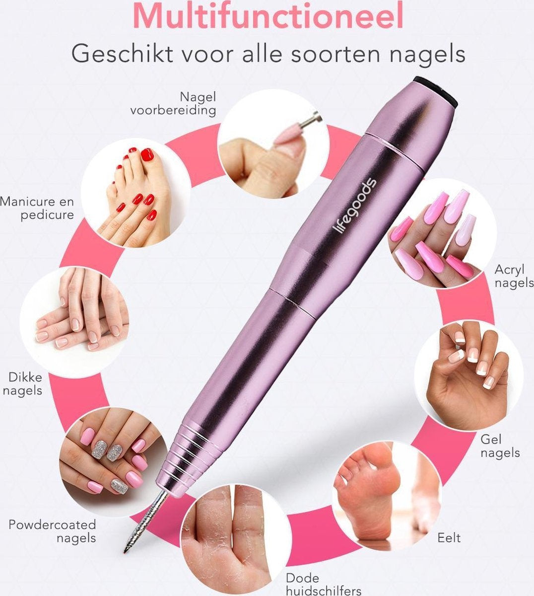 LifeGoods Elektrischer Nagelschleifer - 11 Nagelfeilen und 56 Schleifrollen - Maniküre / Pediküre
