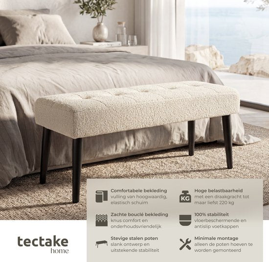 tectake® Gepolsterte Bank – 95 x 38 x 45 cm – Steppmuster – Belastbarkeit 220 kg – Sitzbank – Flurbank – Bank für Wohnzimmer, Schlafzimmer, Esszimmer – Bouclé, cremefarben