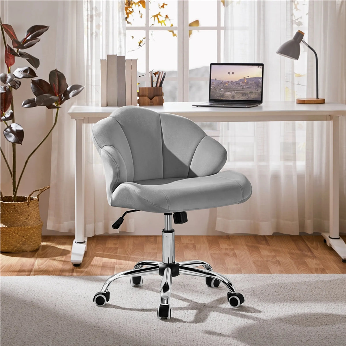 Yaheetech Bürostuhl Shell-Shaped - Features Swing-Funktion und höhenverstellbare Gaslift und gepolsterte Rückenlehne - für Home-Office und Schlafzimmer - Weiß Polyester und Metall - 60 x 60 x 76,5-86 cm
