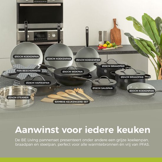 BE Living Essential Kasserolle mit Deckel - Ø 24 cm - Kochtopf - Keramik - PFAS-frei - Induktion - Schwarz
