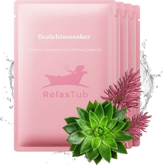 RelaxTub® Gesichtsmaske - 4 Stück - Gesichtsmasken Pflege - Gesichtsmaske Feuchtigkeitspflege - Gesichtspflege Damen - Gesichtsmasken Pflege Mädchen - Enthält Vitamin C, Arganöl, Aloe Vera, Ginsengwurzel - Tierversuchsfrei - 100% natürlich