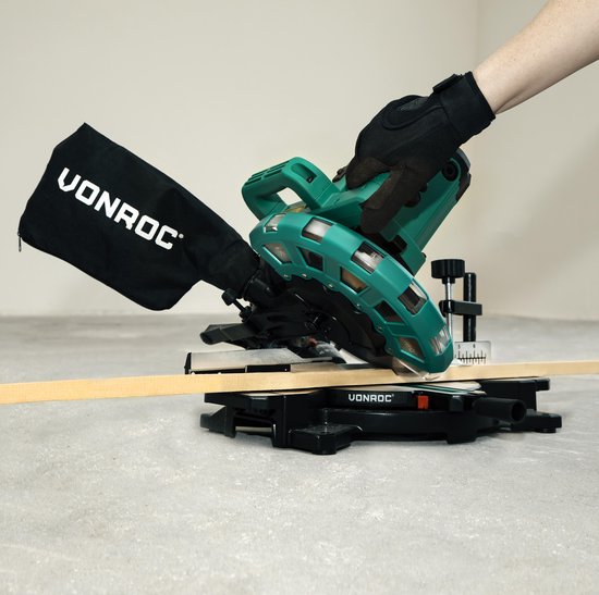 VONROC Kappsäge - Gehrungssäge - 1700W - Ø216MM - 4900 /min - Mit Laser, Tischverlängerung & Tiefeneinstellung - Inklusive Sägeblatt und Werkstückspanner