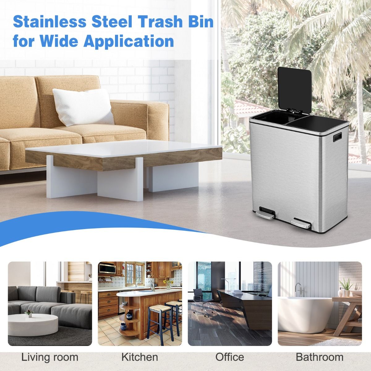 Coastal Double Waste Bin - 2x30L - Herausnehmbarer Inneneimer - Edelstahl - 58,5 x 32 x 65 cm - Silber