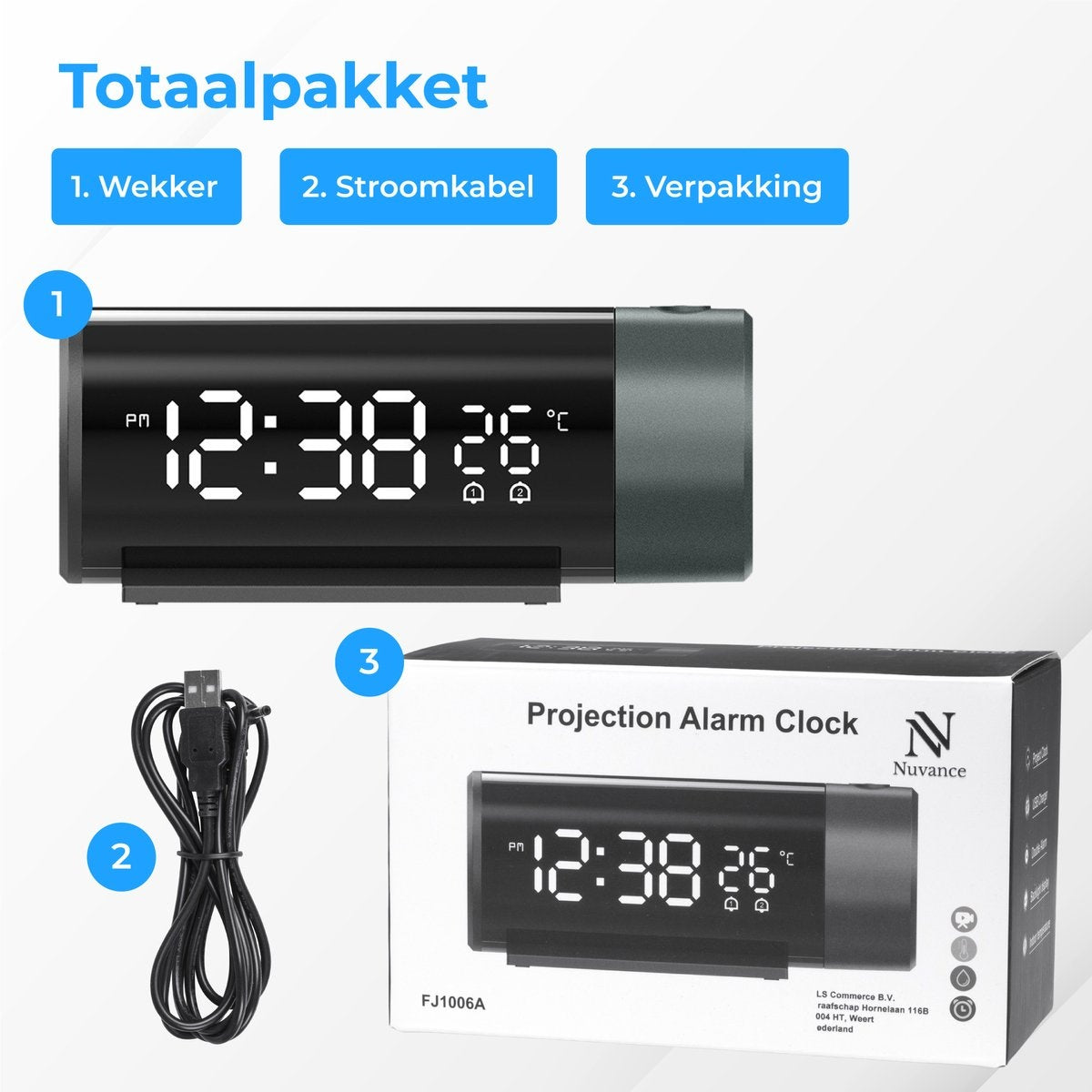 Nuvance - Digitaler Wecker mit Projektion - Digitaler Wecker - mit Snooze-Funktion und Doppelalarm - für das Schlafzimmer - mit USB-Ladeanschluss