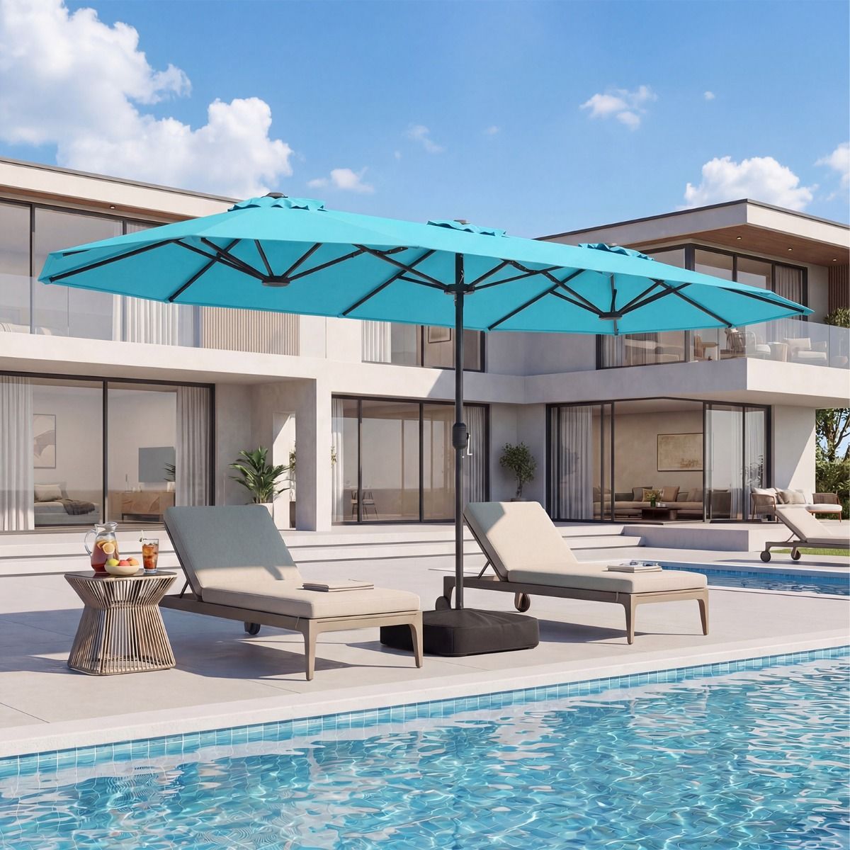 Coast Doppel-Terrassenschirm – extra großes Tuch – beschwerter Fuß – Türkis 400 x 212 cm