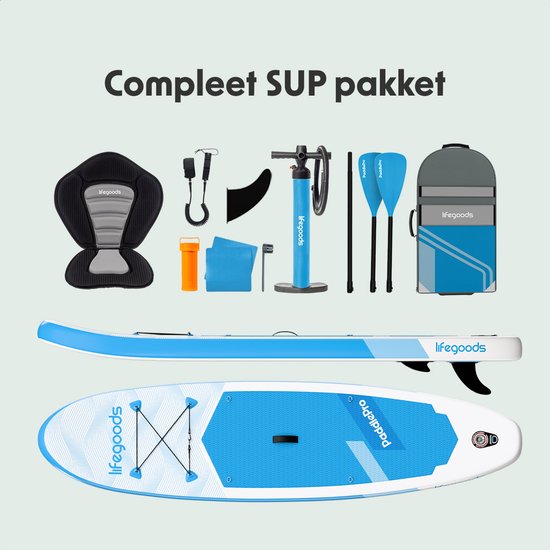 LifeGoods SUP Board All-round Compact - Mit Sitz - 100 KG Tragfähigkeit - 300 x 76 cm - Aufblasbar - Komplettes SUP Paket - Himmelblau