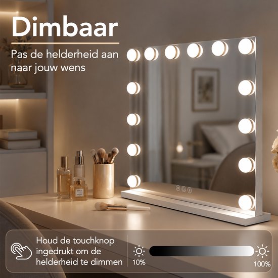 Lumirex Hollywood-Spiegel 58 x 46 cm – Make-up-Spiegel mit Beleuchtung – 15 LED-Lampen – dimmbar – 3 Lichtfarben – Smart Touch – Netzstrom – Visagie-Spiegel – Weiß