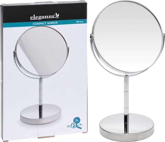 Schmink-Spiegel – silber – rund – doppelseitig – 14 x 26 cm – Kosmetikspiegel – Vergrößerungsspiegel