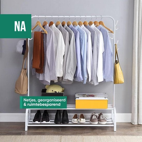 Avalo Industrial Clothes Rack - Metall - 110x33x150 CM - Weiß - Lagerung für Schuhe - Garderobe Rack mit Haken