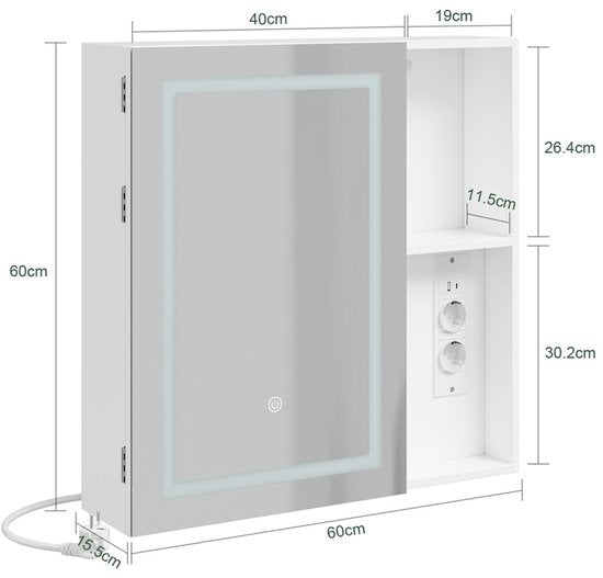 SoBuy Badezimmerspiegelschrank mit LED – 2 Steckdosen & USB – 60 x 15,5 x 60 cm – Weiß