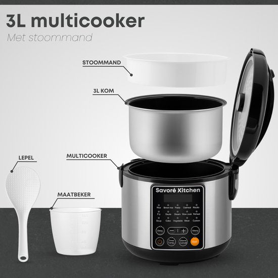 Savoré Kitchen Reiskocher mit Dampfgarer - 3L - 14 Programme - PFAS frei - Schwarzer Edelstahl
