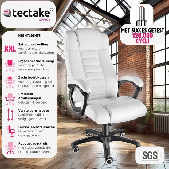 tectake - Luxuriöser Bürostuhl Schreibtischstuhl Bürostuhl - Kunstleder - weiß