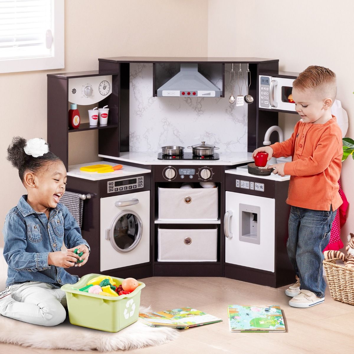 Coast Kinderküche aus Holz – mit Licht, Sound und Wasserspender – Waschmaschine und Zubehör – braun