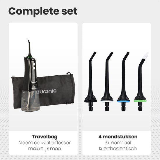 Auronic Water Flosser - Elektrisch - Munddusche Zahnzwischenräume - 3 Stufen - 4 Düsen - 300 ml - Schwarz