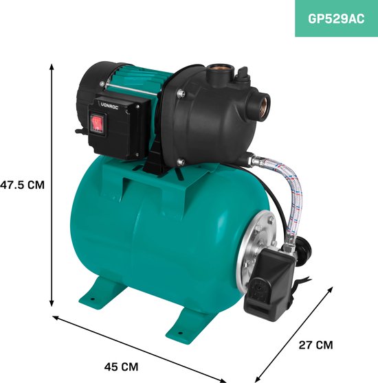 VONROC Hydrophor-Pumpe / Hydrophor-Set mit Druckschalter - 800W - 3300l/h - 19L Tank - Kunststoff-Pumpengehäuse