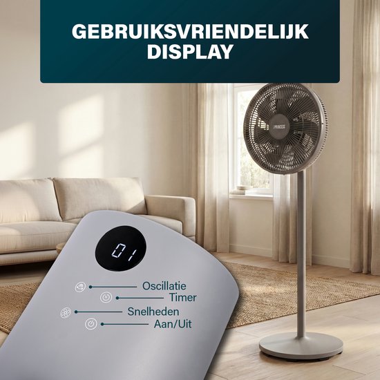 Princess DC Standventilator – besonders leise – ⌀44 cm – 12 Geschwindigkeitsstufen – Schwenkfunktion – Timer 1–8 Stunden – mit Fernbedienung – 30 W – grau – 354822
