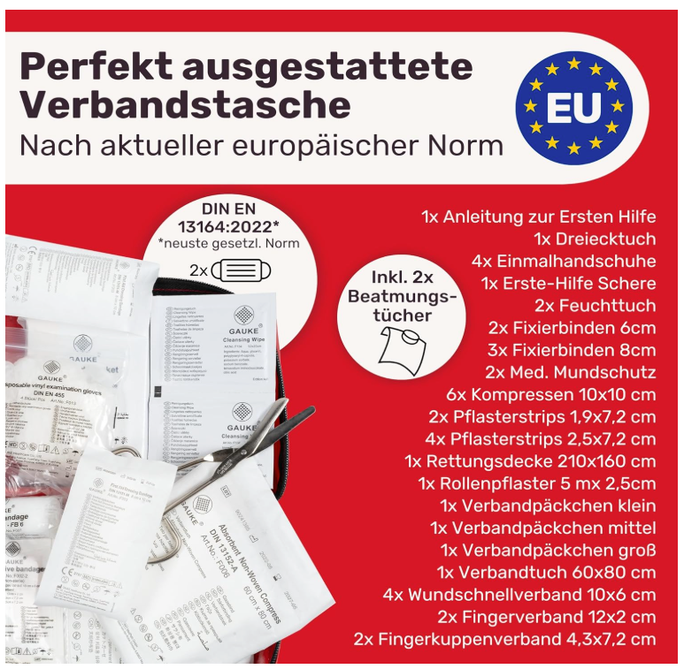 HELDENWERK - Auto-Verbandstasche & Erste-Hilfe-Set - DIN 13164:2022 Standard - Schwarzes wasserabweisendes Nylon - Inklusive Atemtücher & Masken - Für Auto & Motorrad - Kompakt & Sicher