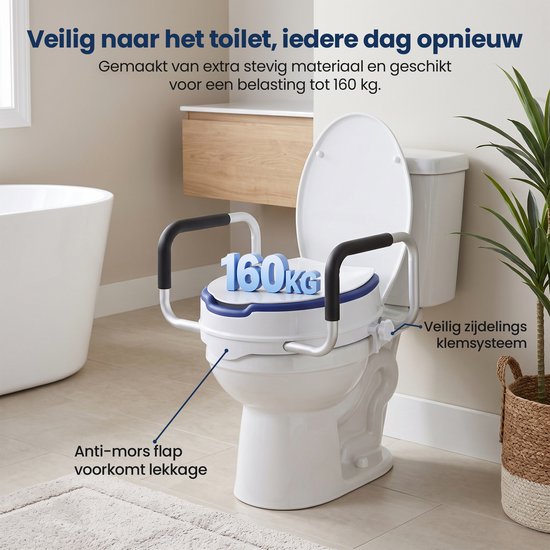 Truesafe Toilettensitzerhöhung 10 cm – Universalgröße – Mit Armlehne und Deckel – Erhöhter Toilettensitz – Ergonomisches Sitzkissen – Sitzerhöhung für Erwachsene und Senioren