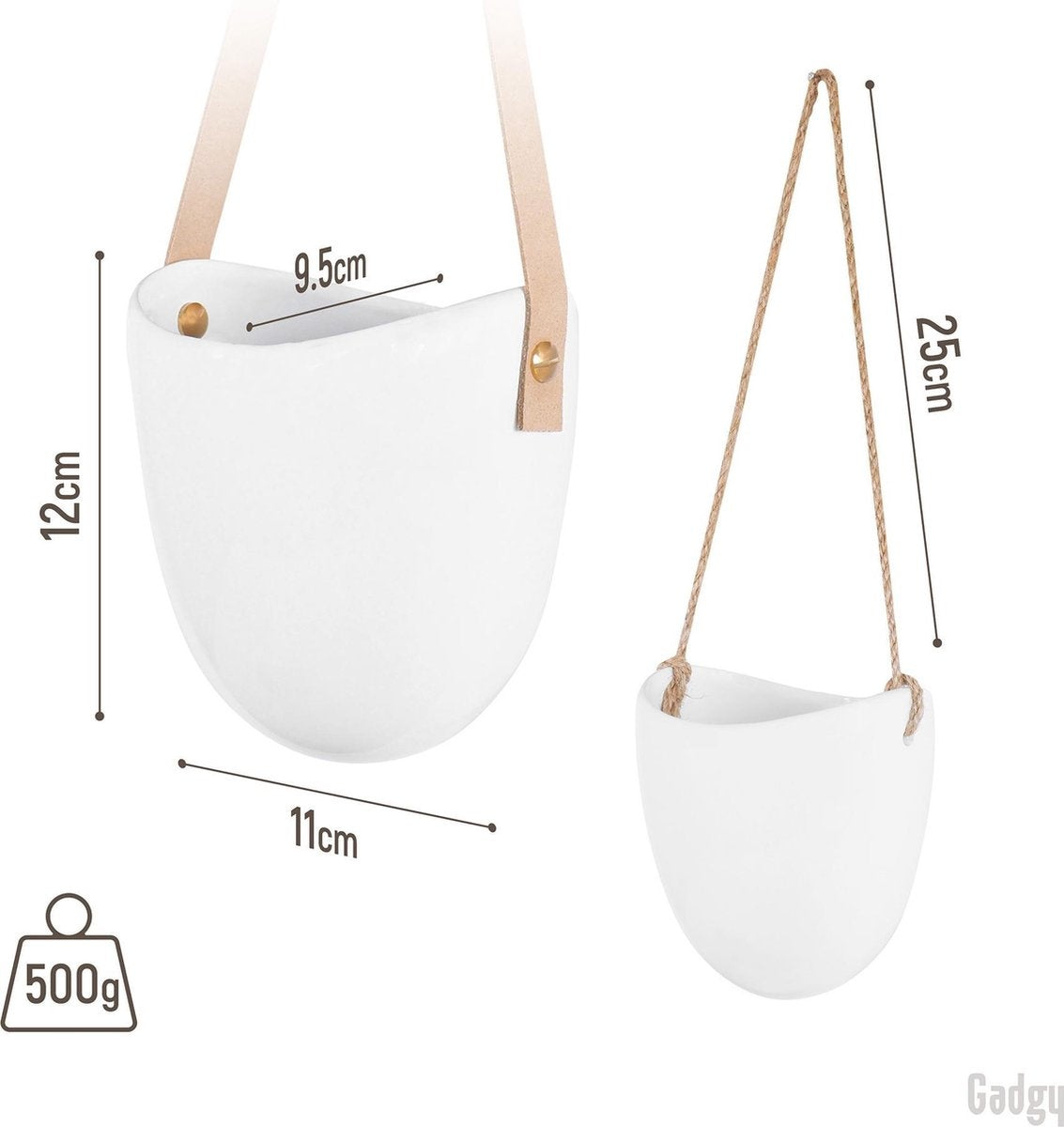 Gadgy Plant Pendant Ceramic - 3er-Set - Weißer Stein - Hängende Blumentopf-Pflanzgefäße - mit 3 verschiedenen Schnüren - 12 x 11 x 9,5 cm