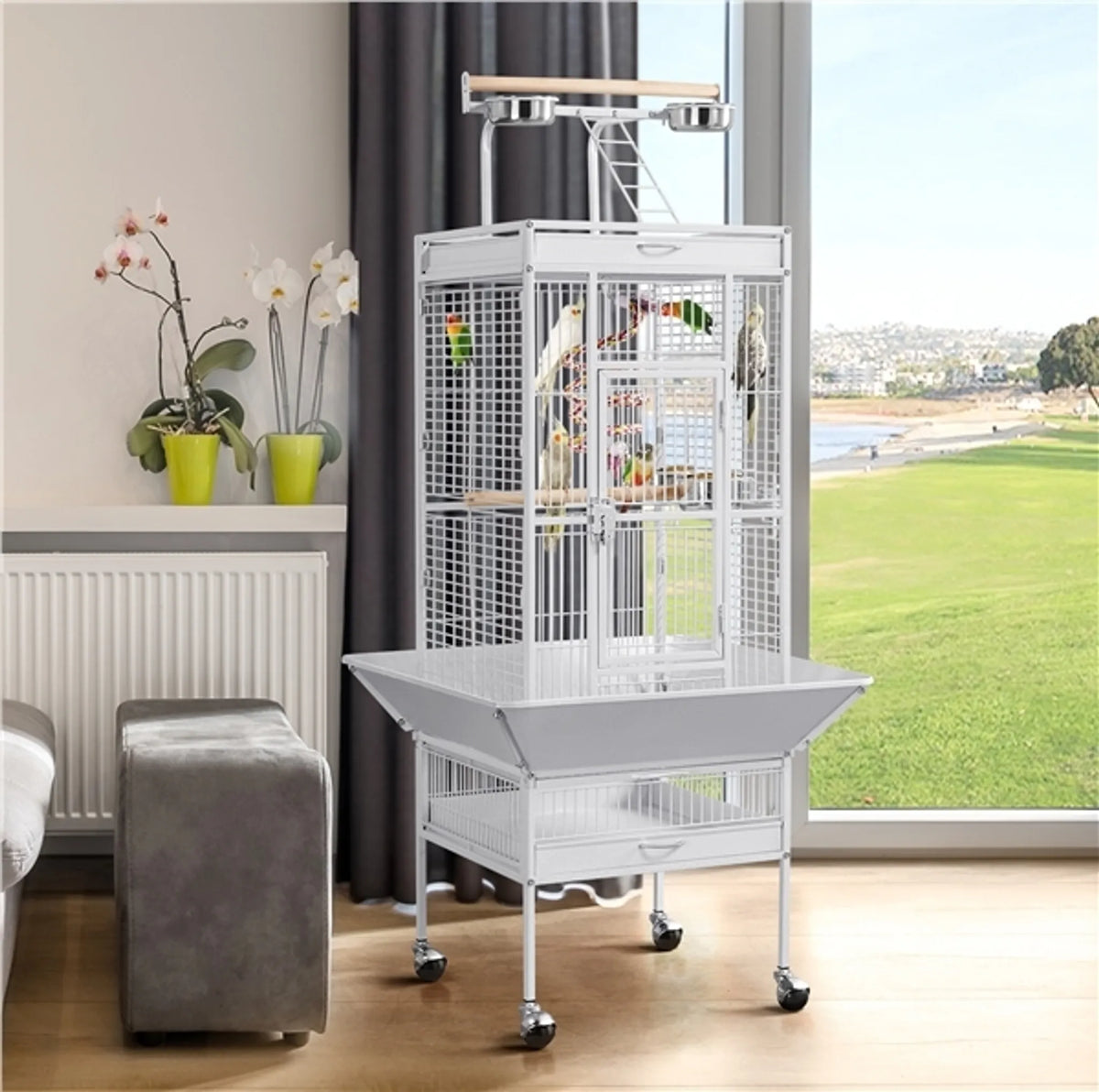 Yaheetech Papageienkäfig mit Spielplateau - Ausgestattet mit Saatgutfänger und ausziehbaren Kotschubladen und Futtertüren - Für Wellensittiche und Papageien - Weißes pulverbeschichtetes Eisen - 65,5 x 65,5 x 156 cm