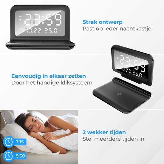 Nuvance - Digitaler Wecker - Digitaler Wecker für das Schlafzimmer - mit drahtlosem Ladegerät und USB-Ladeanschluss - mit Snooze-Funktion und Doppelalarm