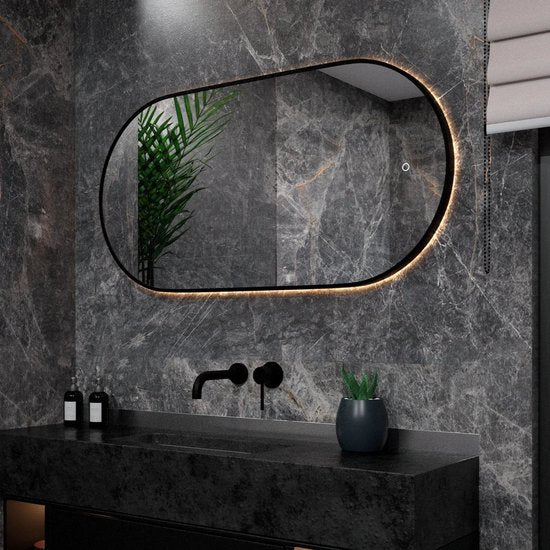 Mirlux Badezimmerspiegel - Mit LED-Beleuchtung & Heizung - Oval - 120x60CM - Schwarzer Rahmen
