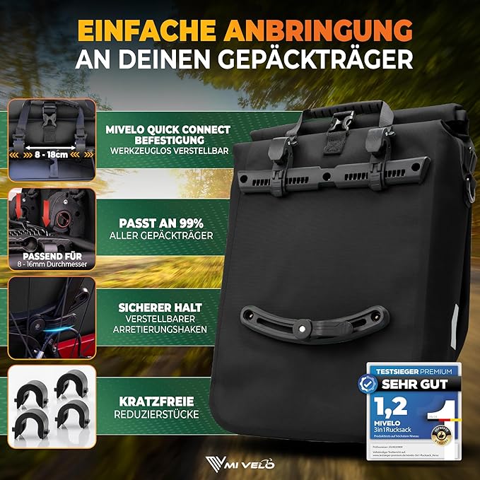 MIVELO Pannier - 3-in-1-Rucksack & Umhängetasche - Wasserdicht - 20 Liter - Schwarz