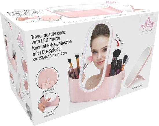 Touch Of Beauty Make Up Organizer mit LED-Spiegel - Travel Beautycase - 24.1 x 10.4 x 11.7CM - Einstellbare LED-Beleuchtung - Inkl. USB-Ladekabel - Kunststoff - Pink