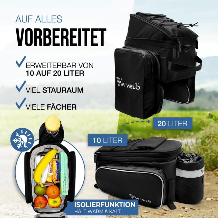 MIVELO Gepäckträgertasche - isoliert - bis zu 20L - wasserabweisend - 40 x 22 x 20 cm - Schwarz