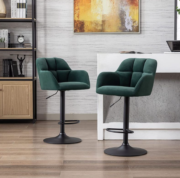 WAHSON Barhocker, 2er-Set, grün, Samt – höhenverstellbar 65–87 cm – drehbar