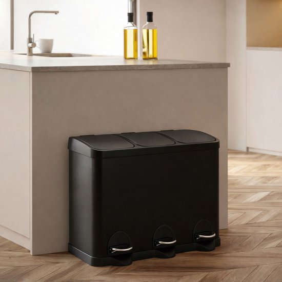 Bayt Mülleimer - Treteimer 45 Liter - Mülleimer 45 Liter - Mülleimer 45 Liter - Mülltrennung - Mülleimer 3 Fächer - 3x15 Liter- Abfalleimer- Edelstahl - Schwarz