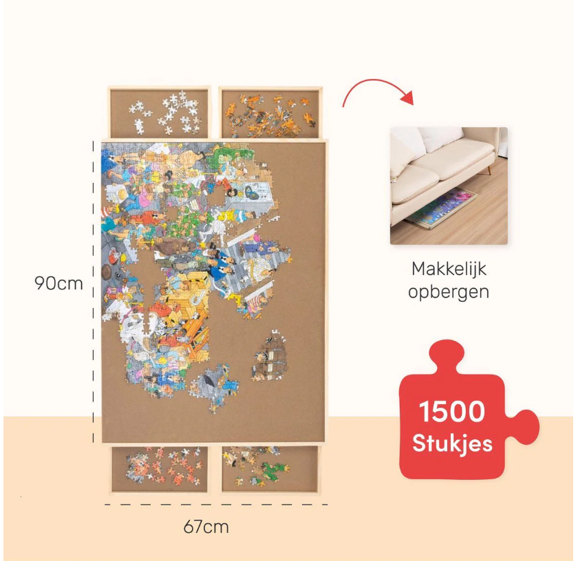 DIYDash Drehbarer Puzzletisch mit Aufbewahrungssystem - 1500 Teile - 4 Schubladen - Kiefernholz